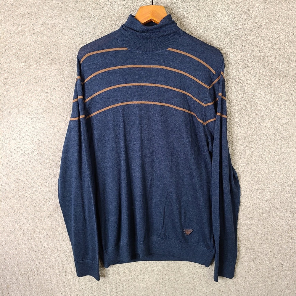 Armani Jeans Sweater Mens 3XL Blue Striped Turtleneck Pullover Knit Casual‎